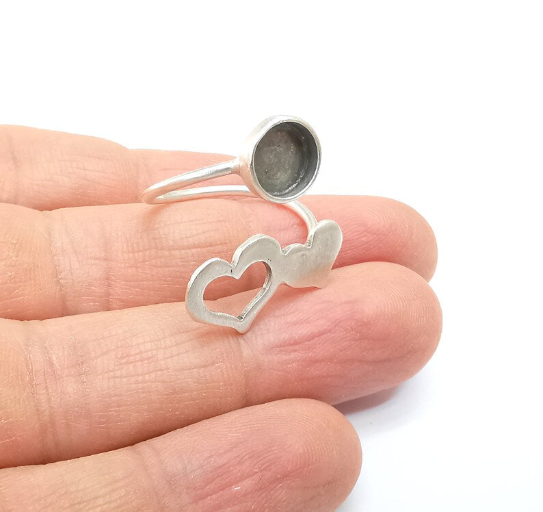 Heart Wrap Ring Setting, Cabochon Blank, Resin Bezel, inlay Mounting, Epoxy Frame Base, Adjustable Antique Silver Plated Brass 8mm G34952