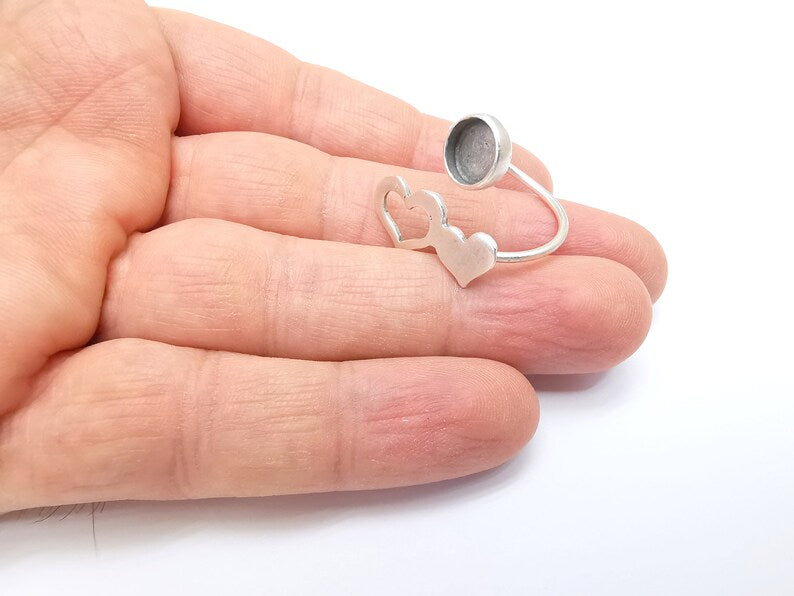 Heart Wrap Ring Setting, Cabochon Blank, Resin Bezel, inlay Mounting, Epoxy Frame Base, Adjustable Antique Silver Plated Brass 8mm G34952
