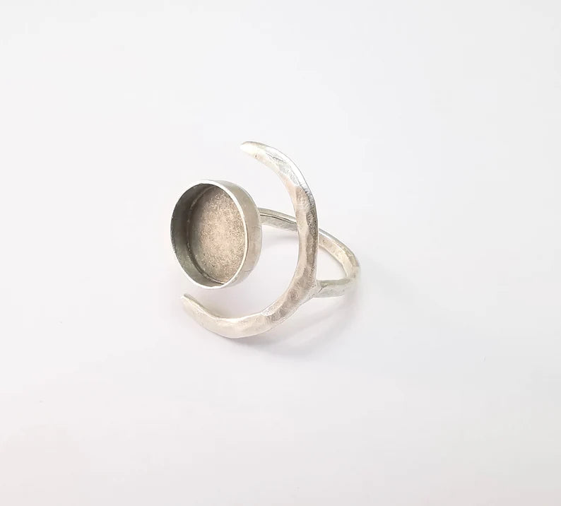 Crescent Ring Setting, Moon Ring, Celestial Ring, Cabochon Blank, Resin Bezel Frame, Adjustable Antique Silver Plated Brass 14mm G34955