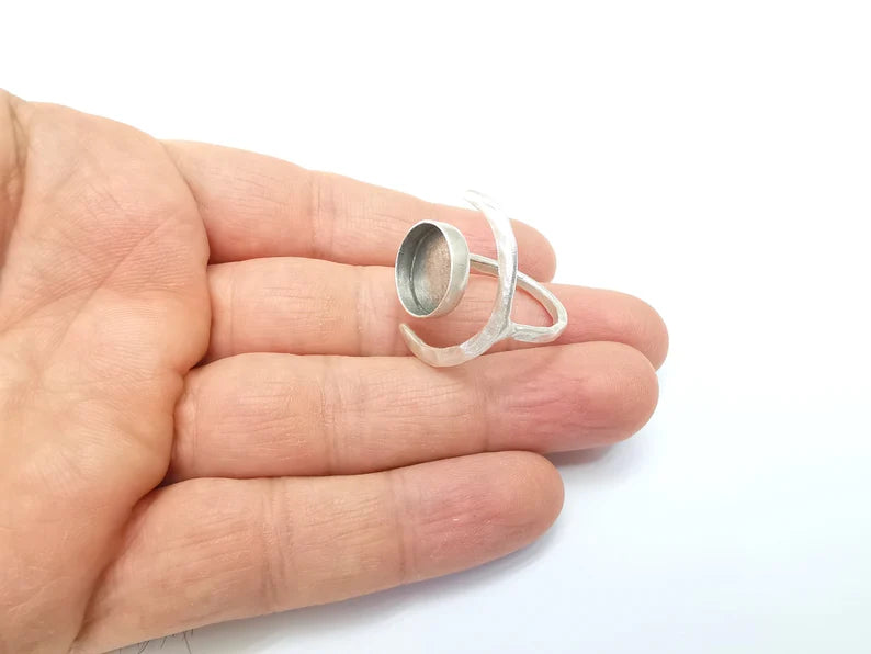Crescent Ring Setting, Moon Ring, Celestial Ring, Cabochon Blank, Resin Bezel Frame, Adjustable Antique Silver Plated Brass 14mm G34955