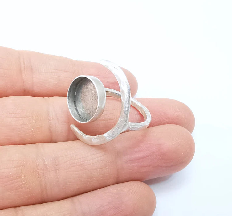 Crescent Ring Setting, Moon Ring, Celestial Ring, Cabochon Blank, Resin Bezel Frame, Adjustable Antique Silver Plated Brass 14mm G34955