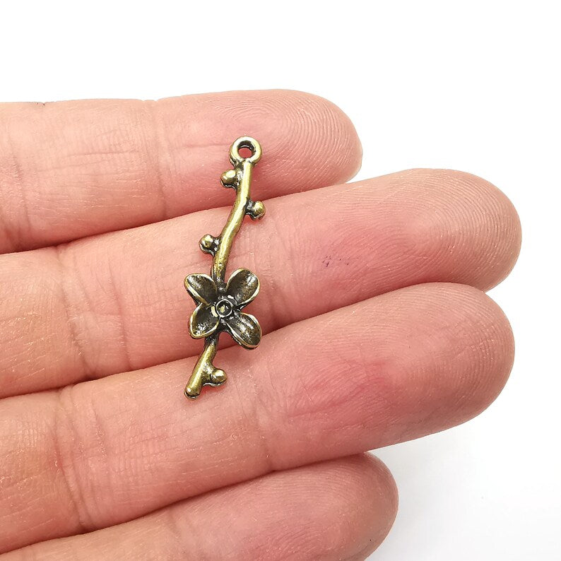 2 Flower Branch Charms, Dangle Charms, Antique Bronze Plated (34x10mm) G34828