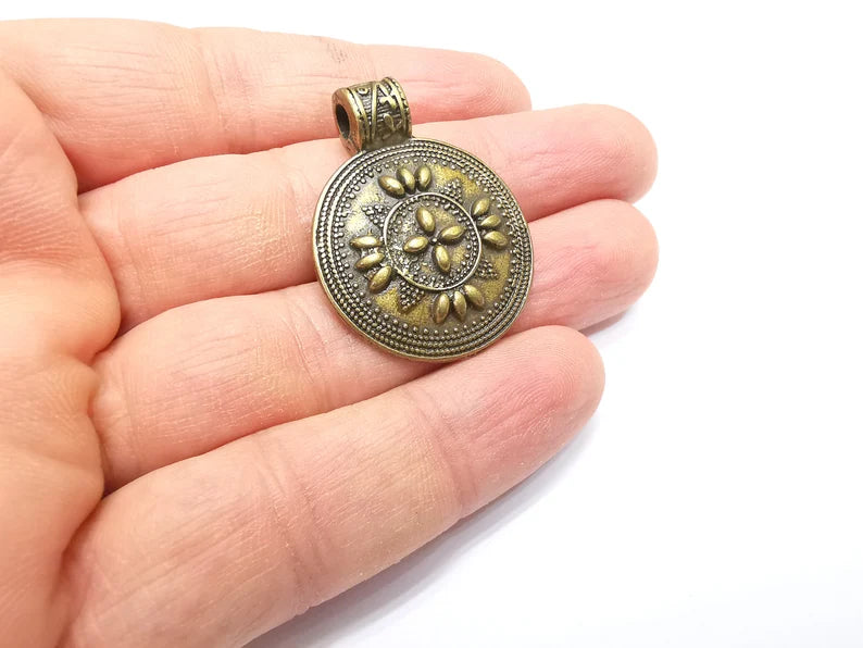 Bronze Medallion Pendant, Locket Pendant, Ethnic Pendant, Rustic Pendant, Tribal Pendant, Boho Charm, Antique Bronze Plated (38x29mm) G34978