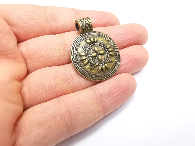 Bronze Medallion Pendant, Locket Pendant, Ethnic Pendant, Rustic Pendant, Tribal Pendant, Boho Charm, Antique Bronze Plated (38x29mm) G34978
