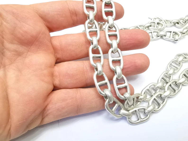 Large Silver Chain, (1 Meter - 3.3 feet ) Specialty Chains, Necklace, Bracelet, Belt, Bag Chain, Jewelry Accessory Chain, Antique Silver Plated (21x11mm) G34983