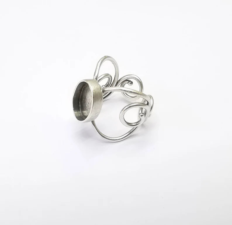 Wrap Ring Setting, Cabochon Blank, Resin Bezel, inlay Mounting, Epoxy Base, Ring Frame, Adjustable Antique Silver Plated Brass 14x10 G34985