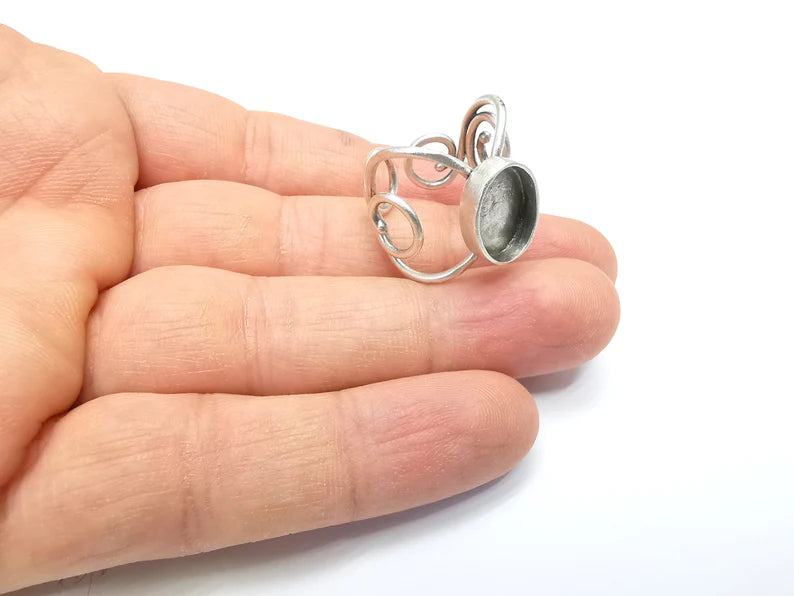 Wrap Ring Setting, Cabochon Blank, Resin Bezel, inlay Mounting, Epoxy Base, Ring Frame, Adjustable Antique Silver Plated Brass 14x10 G34985