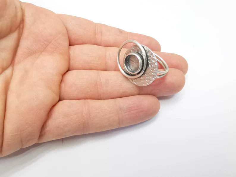Silver Ring Setting, Cabochon Blank, Resin Bezel, inlay Mounting, Epoxy Base, Ring Frame, Adjustable Antique Silver Plated Brass 8mm G34986
