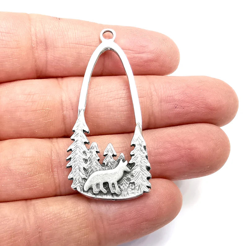 Fox Charms, Wolf Charms, Forest Charms, Antique Silver Plated Charms (54x24mm) G34834