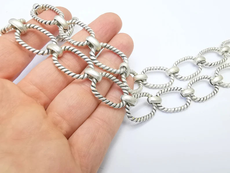 Large Silver Chain, (1 Meter - 3.3 feet ) Specialty Chains, Necklace, Bracelet, Belt, Bag Chain, Jewelry Accessory Chain, Antique Silver Plated (25x18mm) G34992