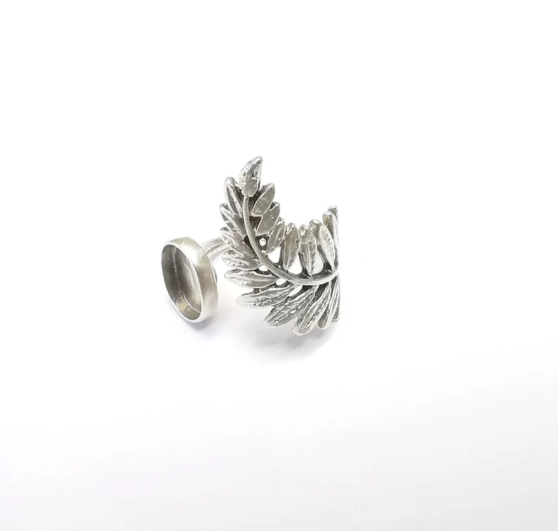 Fern Ring Setting, Cabochon Blank, Resin Bezel, Leaf Mounting, Epoxy Frame Base, Adjustable Antique Silver Plated Brass 11x8mm G34994