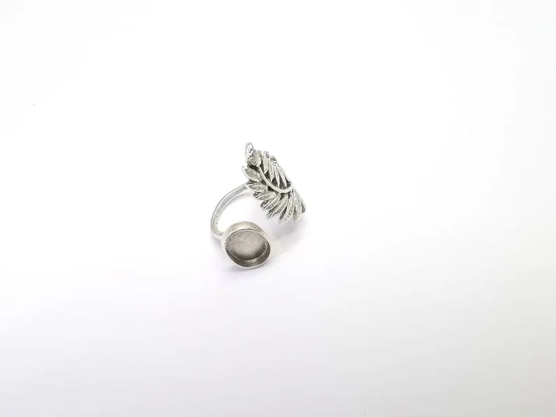 Fern Ring Setting, Cabochon Blank, Resin Bezel, Leaf Mounting, Epoxy Frame Base, Adjustable Antique Silver Plated Brass 11x8mm G34994
