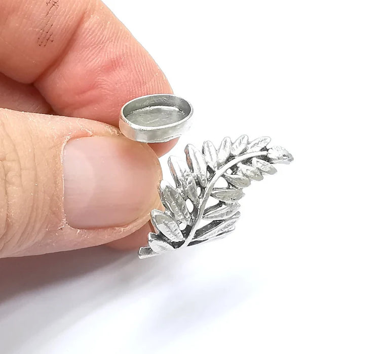 Fern Ring Setting, Cabochon Blank, Resin Bezel, Leaf Mounting, Epoxy Frame Base, Adjustable Antique Silver Plated Brass 11x8mm G34994