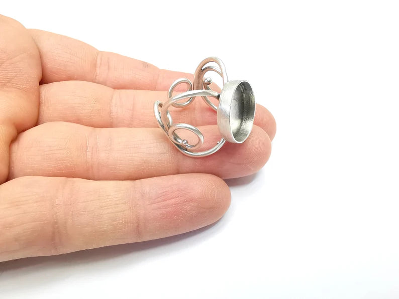 Wrap Ring Setting, Cabochon Blank, Resin Bezel, inlay Mounting, Epoxy Base, Ring Frame, Adjustable Antique Silver Plated Brass 14mm G34996