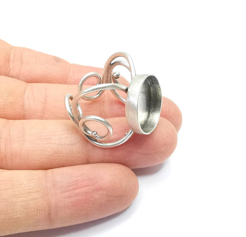 Wrap Ring Setting, Cabochon Blank, Resin Bezel, inlay Mounting, Epoxy Base, Ring Frame, Adjustable Antique Silver Plated Brass 14mm G34996