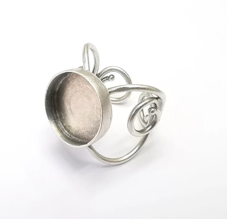 Wrap Ring Setting, Cabochon Blank, Resin Bezel, inlay Mounting, Epoxy Base, Ring Frame, Adjustable Antique Silver Plated Brass 14mm G34996