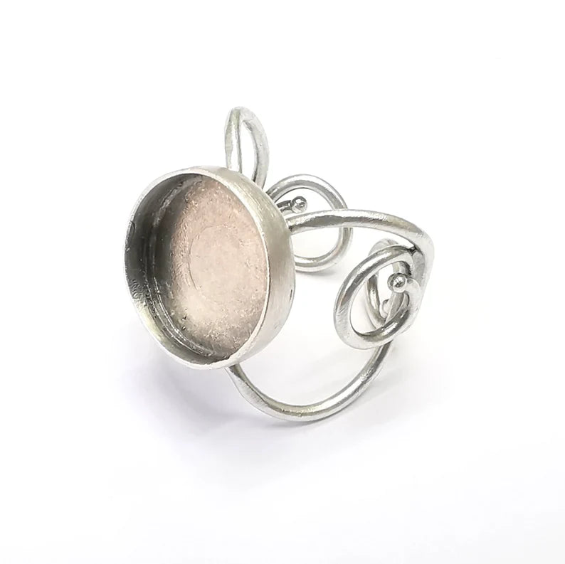 Wrap Ring Setting, Cabochon Blank, Resin Bezel, inlay Mounting, Epoxy Base, Ring Frame, Adjustable Antique Silver Plated Brass 14mm G34996