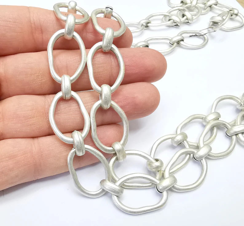 Large Silver Chain, (1 Meter - 3.3 feet ) Specialty Chains, Necklace, Bracelet, Belt, Bag Chain, Jewelry Accessory Chain, Antique Silver Plated (25x17mm) G34997