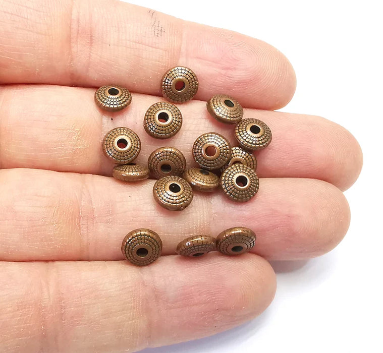 10 Saucer Beads, Copper Beads, Bracelet Rondelle Beads, Dotted Beads, Necklace Beads, Antique Copper Plated Metal 7mm G34998