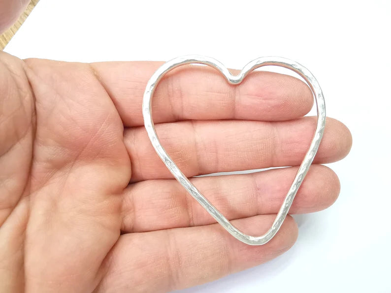 Big Heart Pendant, Large Heart, Hollow Heart Earring, Heart Frame, Heart Locket, Heart Medallion, Antique Silver Plated Metal 66x61mm G34999