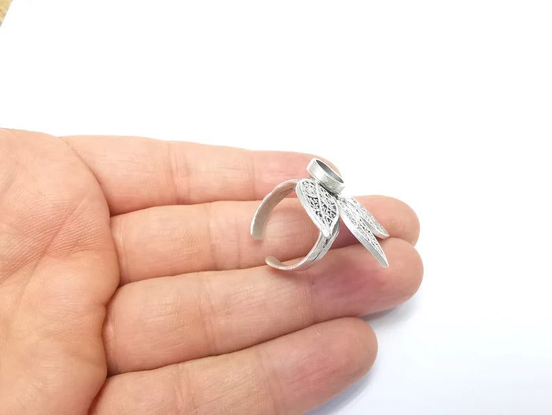 Leaf Ring Setting, Cabochon Blank, Resin Bezel, Round Ring Mounting, Epoxy Frame Base, Adjustable Antique Silver Plated Brass 8mm G35003