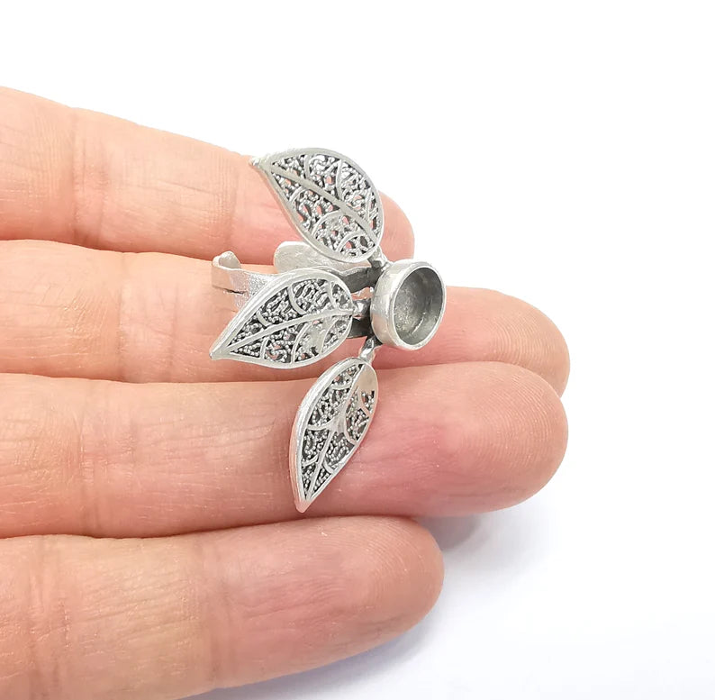 Leaf Ring Setting, Cabochon Blank, Resin Bezel, Round Ring Mounting, Epoxy Frame Base, Adjustable Antique Silver Plated Brass 8mm G35003