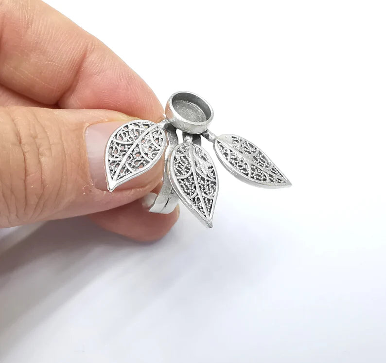 Leaf Ring Setting, Cabochon Blank, Resin Bezel, Round Ring Mounting, Epoxy Frame Base, Adjustable Antique Silver Plated Brass 8mm G35003
