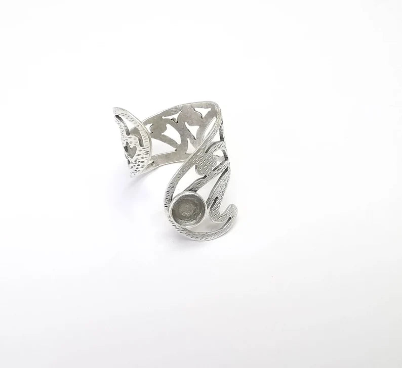 Silver Ring Setting, Cabochon Blank, Resin Bezel, Round Ring Mounting, Epoxy Frame Base, Adjustable Antique Silver Plated Brass 6mm G35004