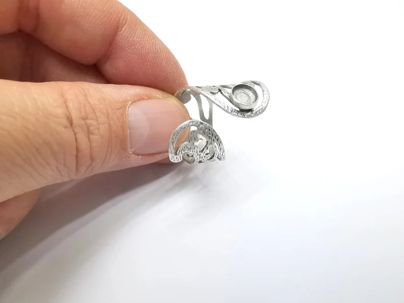 Silver Ring Setting, Cabochon Blank, Resin Bezel, Round Ring Mounting, Epoxy Frame Base, Adjustable Antique Silver Plated Brass 6mm G35004