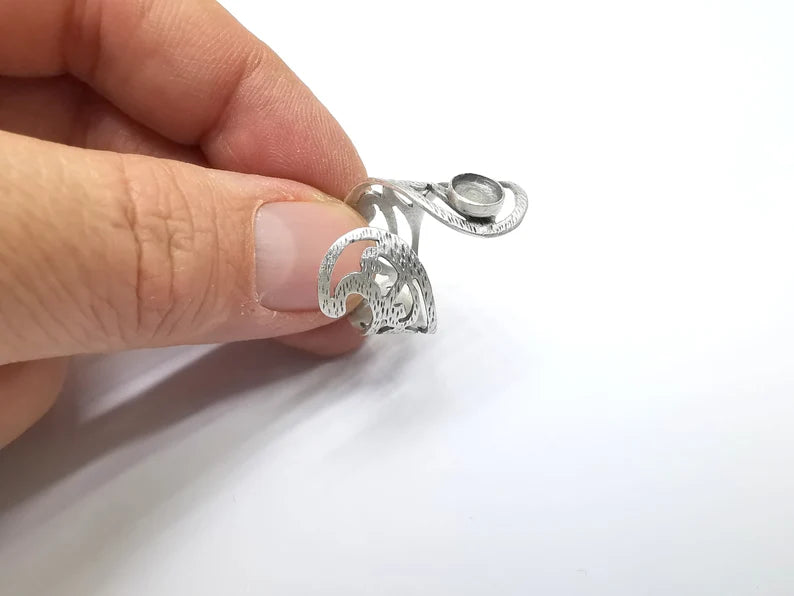 Silver Ring Setting, Cabochon Blank, Resin Bezel, Round Ring Mounting, Epoxy Frame Base, Adjustable Antique Silver Plated Brass 6mm G35004