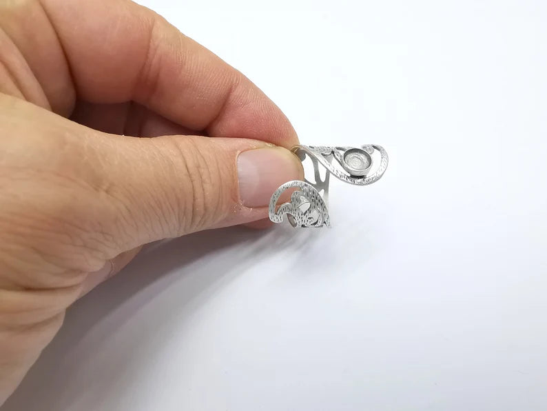 Silver Ring Setting, Cabochon Blank, Resin Bezel, Round Ring Mounting, Epoxy Frame Base, Adjustable Antique Silver Plated Brass 6mm G35004