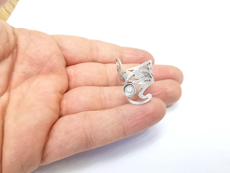 Silver Ring Setting, Cabochon Blank, Resin Bezel, Round Ring Mounting, Epoxy Frame Base, Adjustable Antique Silver Plated Brass 6mm G35004