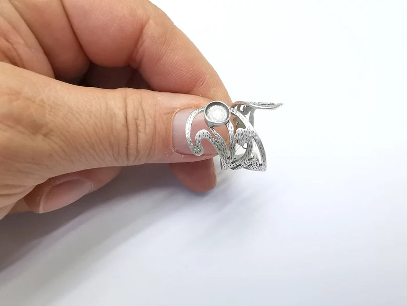 Silver Ring Setting, Cabochon Blank, Resin Bezel, Round Ring Mounting, Epoxy Frame Base, Adjustable Antique Silver Plated Brass 6mm G35004