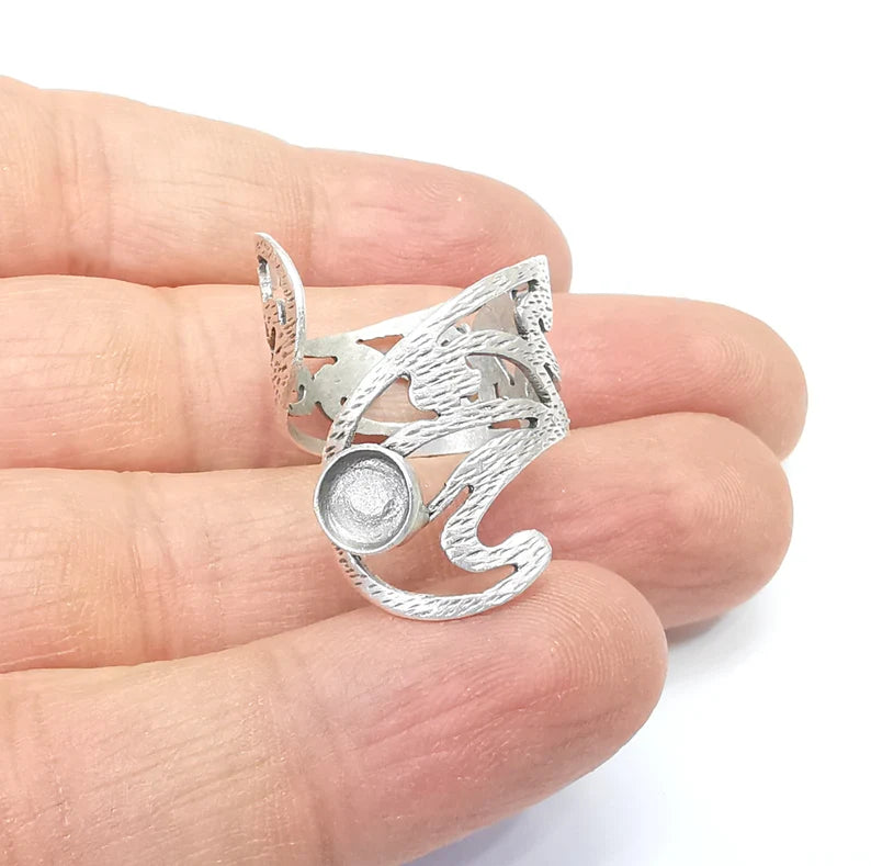 Silver Ring Setting, Cabochon Blank, Resin Bezel, Round Ring Mounting, Epoxy Frame Base, Adjustable Antique Silver Plated Brass 6mm G35004