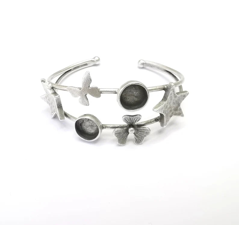 Star Butterly Flower Bracelet, Wire Cuff, Bangle Bezel, Resin Blank, Wristband Cabochon Base, Adjustable Antique Silver Brass (10mm) G35011