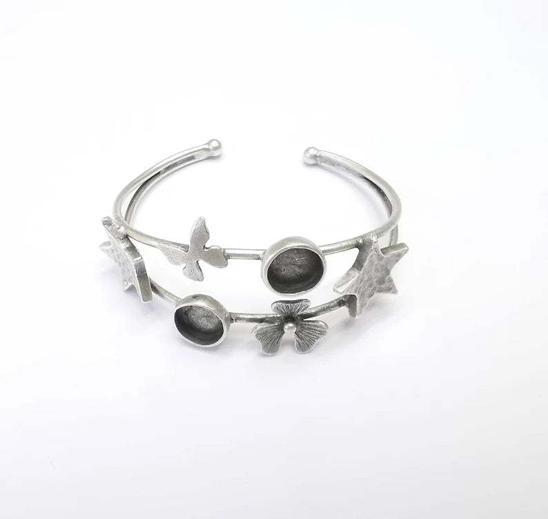 Star Butterly Flower Bracelet, Wire Cuff, Bangle Bezel, Resin Blank, Wristband Cabochon Base, Adjustable Antique Silver Brass (10mm) G35011