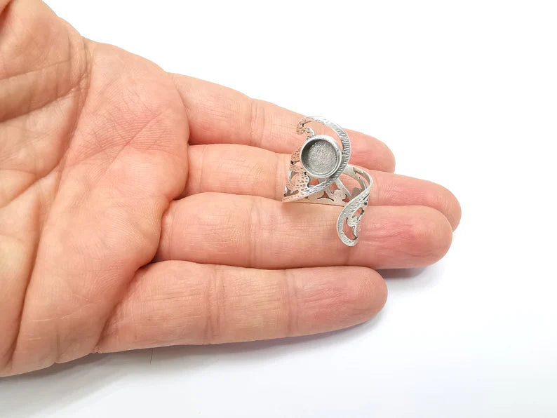 Silver Ring Setting, Cabochon Blank, Resin Bezel, Round Ring Mounting, Epoxy Frame Base, Adjustable Antique Silver Plated Brass 8mm G35016