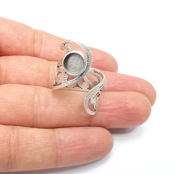 Silver Ring Setting, Cabochon Blank, Resin Bezel, Round Ring Mounting, Epoxy Frame Base, Adjustable Antique Silver Plated Brass 8mm G35016