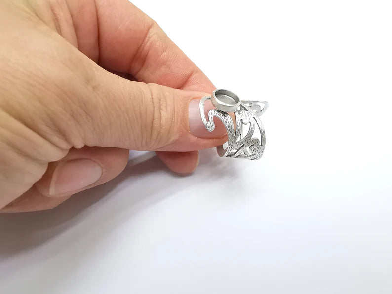 Silver Ring Setting, Cabochon Blank, Resin Bezel, Round Ring Mounting, Epoxy Frame Base, Adjustable Antique Silver Plated Brass 8mm G35016