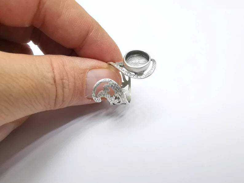 Silver Ring Setting, Cabochon Blank, Resin Bezel, Round Ring Mounting, Epoxy Frame Base, Adjustable Antique Silver Plated Brass 10mm G35019