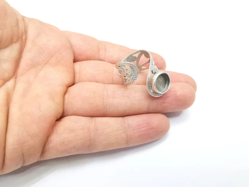 Silver Ring Setting, Cabochon Blank, Resin Bezel, Round Ring Mounting, Epoxy Frame Base, Adjustable Antique Silver Plated Brass 10mm G35019