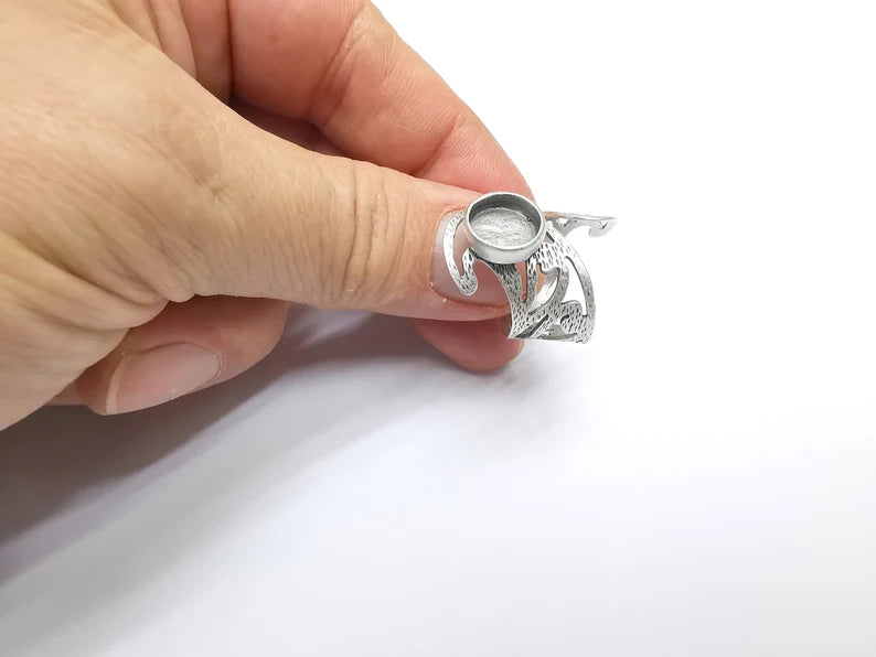 Silver Ring Setting, Cabochon Blank, Resin Bezel, Round Ring Mounting, Epoxy Frame Base, Adjustable Antique Silver Plated Brass 10mm G35019