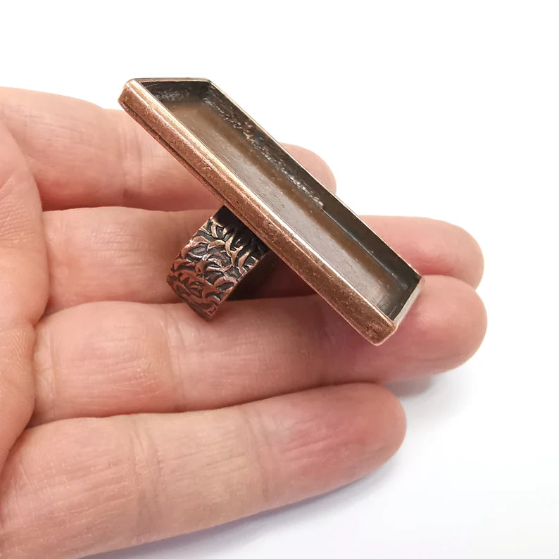 Rectangle Ring Setting, Cabochon Blank, Resin Bezel, Ring Mounting, Epoxy Frame Base, Adjustable Antique Copper Plated Brass 48x24mm G35023