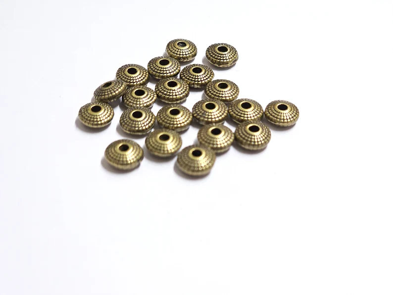 10 Saucer Beads, Bronze Beads, Bracelet Rondelle Beads, Dotted Beads, Necklace Beads, Antique Bronze Plated Metal 7mm