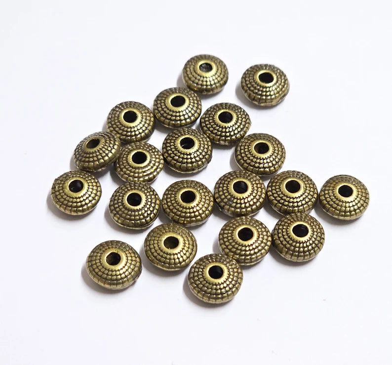 10 Saucer Beads, Bronze Beads, Bracelet Rondelle Beads, Dotted Beads, Necklace Beads, Antique Bronze Plated Metal 7mm