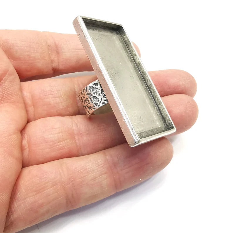 Rectangle Ring Blank Settings, Cabochon Mounting, Adjustable Antique Silver Resin Ring Base Bezel, Inlay Mosaic Epoxy (49x25mm) G34844