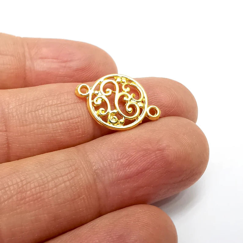 5 Round Charms, Filigree Connector, Branch Charms, Gold Plated Charms (20x14mm) G35035