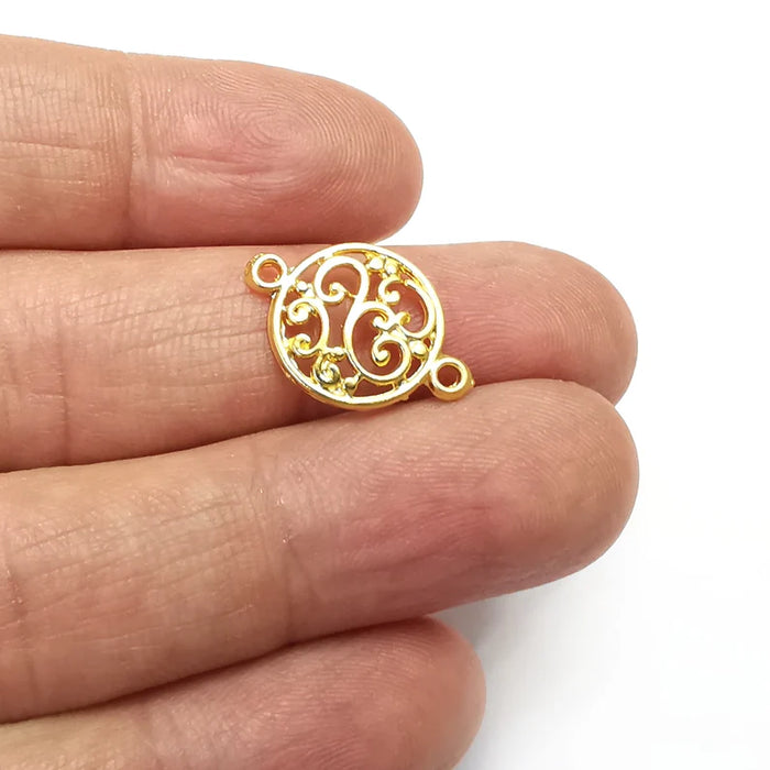 5 Round Charms, Filigree Connector, Branch Charms, Gold Plated Charms (20x14mm) G35035