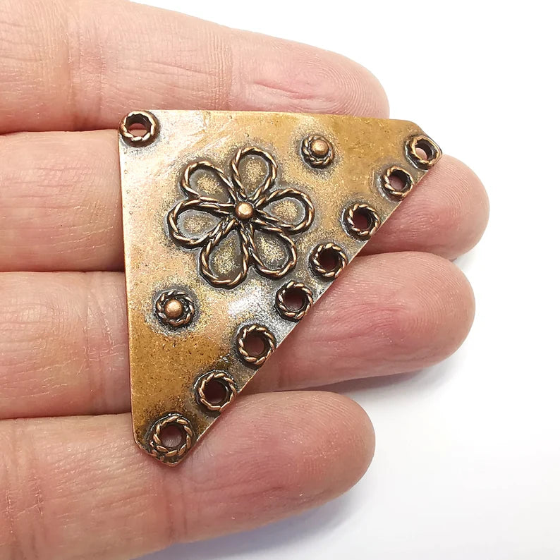 Flower Triangle Pendant , Connector Antique Copper Plated Dangle Charms (62x36mm) G34847