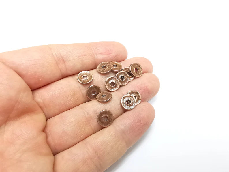 10 Wheel Bead, Perforated Disc, Perforated Connector, Round Jewelry Parts, Bracelet Component, Antique Copper Plated Metal Finding (9mm) G35041